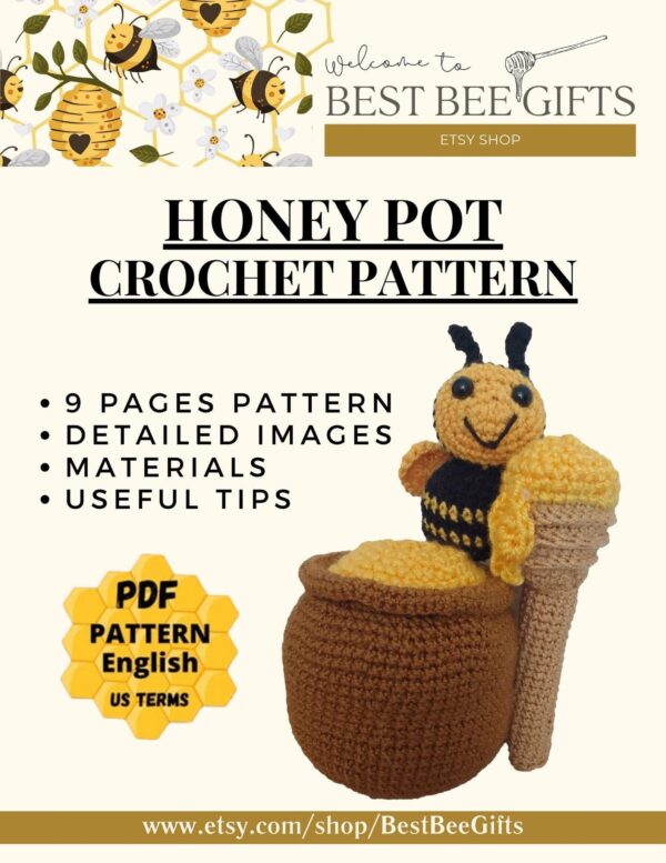 Honey Pot Pattern | Crochet Honey Pot | No Sew Amigurumi | Honeypot Baby Shower Gift | Honey Dipper Crochet | Honey Bee Pot | Honey Pot Gift